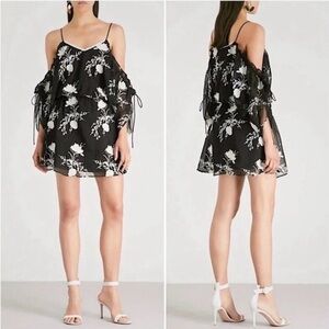 Alice + Olivia Black Embroidered Cold Shoulder Floral Mini Dress Size Medium